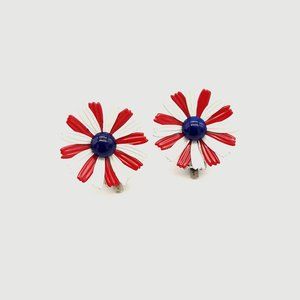 60s Red White & Blue Metal Flower Patriotic Earrings